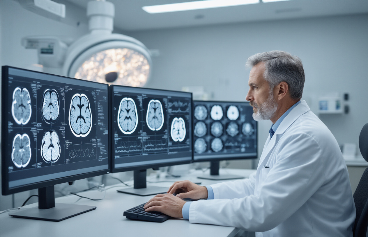 Create a realistic image of a medical consultation room showing a white male radiologist in a white coat examining brain MRI scans displayed on multiple computer monitors, with the screens showing various brain conditions including stroke lesions, tumors, and white matter disease visible as bright spots and dark areas on diffusion-weighted imaging, medical equipment and anatomical brain models visible in the background, professional clinical lighting, serious and focused medical atmosphere, modern hospital setting, absolutely NO text should be in the scene.