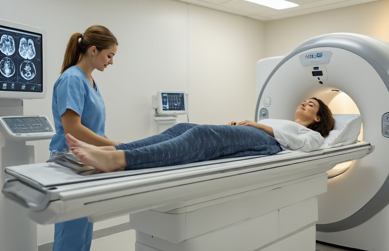 Create a realistic image of a calm white female patient lying on an MRI machine table preparing for a brain scan, wearing comfortable clothing without metal accessories, with a medical technician in scrubs nearby operating the control panel, modern hospital MRI room with clean white walls and professional medical equipment, soft ambient lighting creating a reassuring healthcare environment, absolutely NO text should be in the scene.