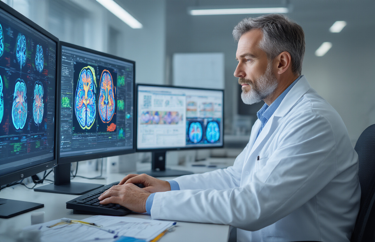 Create a realistic image of a white male radiologist in his 40s wearing a white coat sitting at a modern computer workstation, carefully analyzing colorful diffusion MRI brain scans displayed on multiple high-resolution monitors, with detailed brain imaging showing fiber tracts in vibrant blues, greens, and reds, medical charts and reports organized on the desk, professional medical office environment with soft fluorescent lighting, focused and analytical mood, absolutely NO text should be in the scene.