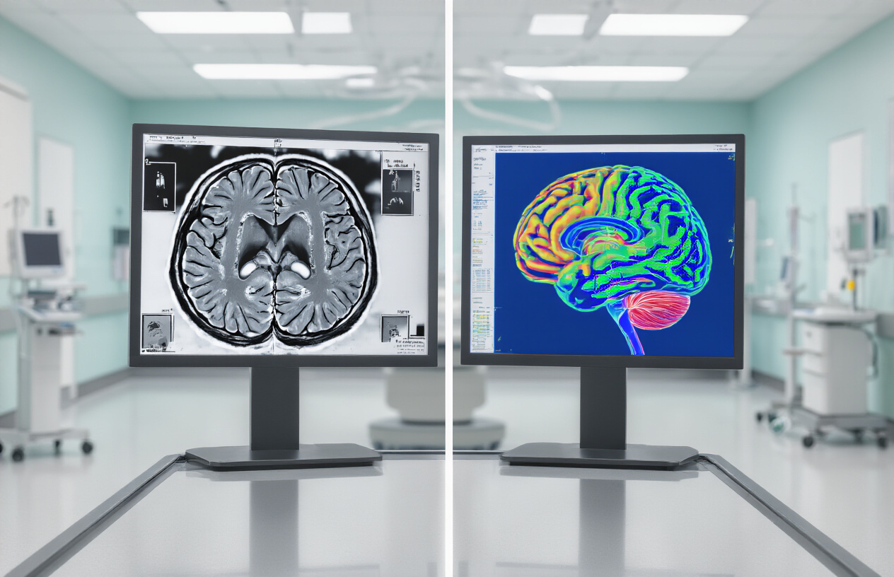 Create a realistic image of a split-screen comparison showing a traditional brain MRI scan on the left side appearing in grayscale with basic structural details, and a colorful diffusion MRI brain scan on the right side displaying vibrant color-coded fiber tracts and neural pathways in blues, greens, and reds, both displayed on modern medical monitors in a clean, well-lit radiology room with professional medical equipment visible in the background, emphasizing the enhanced detail and diagnostic capabilities of diffusion imaging, absolutely NO text should be in the scene.