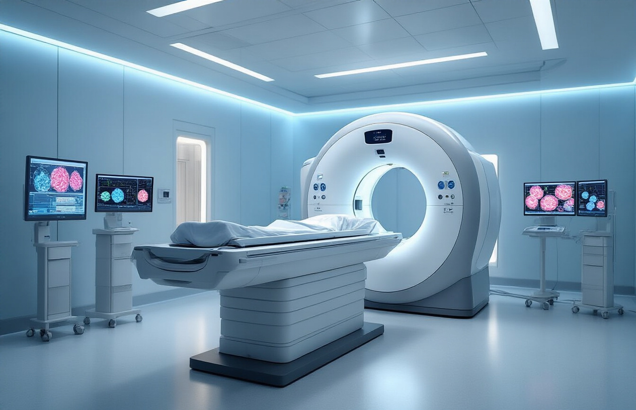 Create a realistic image of a modern medical PSMA PET CT scanning machine in a clean, sterile hospital radiology room with soft blue and white lighting, showing the circular scanner opening and patient bed, surrounded by advanced computer monitors displaying colorful molecular imaging data and scan results, with sleek medical equipment and control panels visible in the background, emphasizing the cutting-edge technology and precision of modern cancer detection equipment, absolutely NO text should be in the scene.