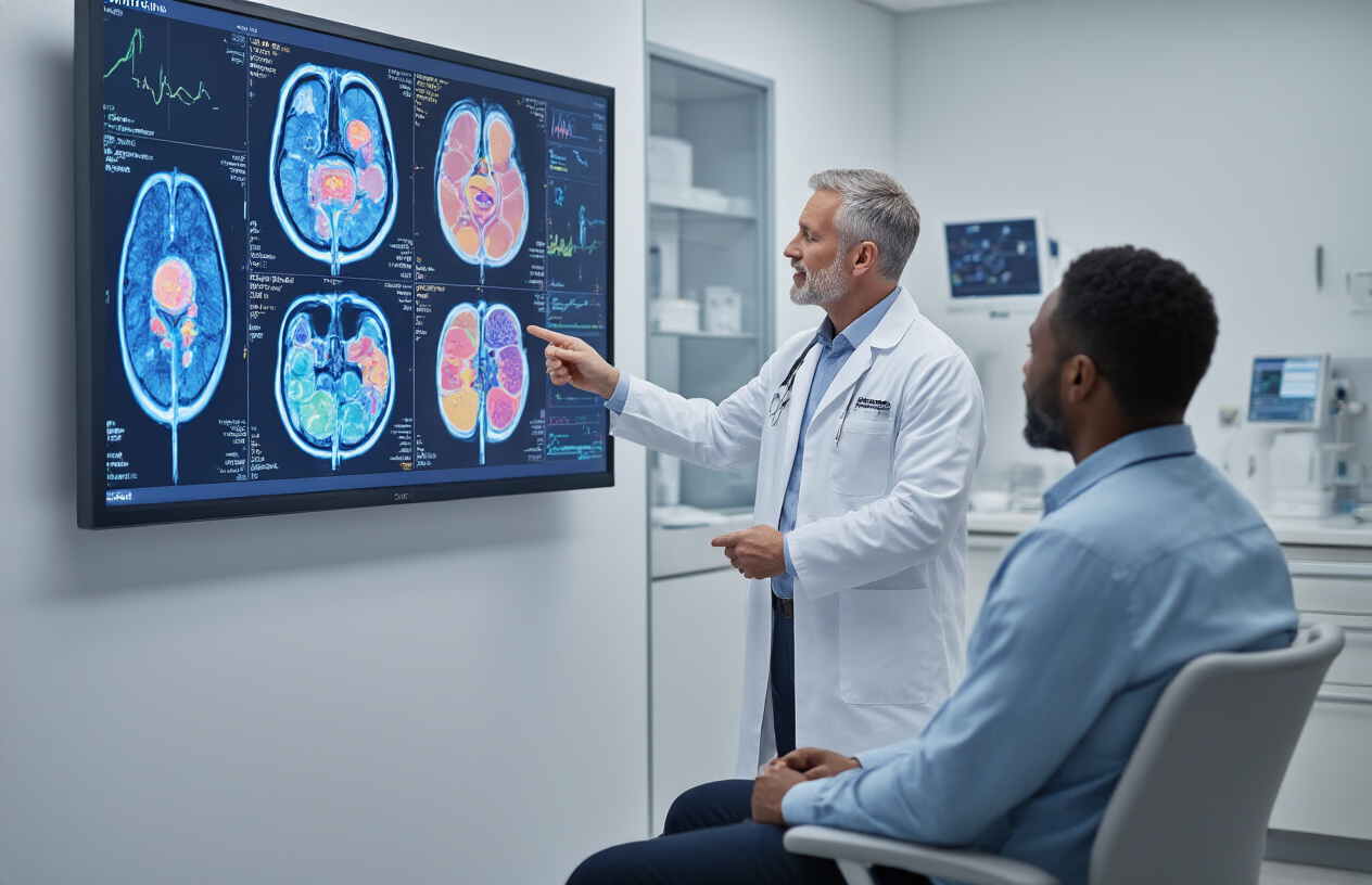 Create a realistic image of a modern medical consultation room with a white male oncologist in a lab coat pointing to a large wall-mounted medical monitor displaying colorful PSMA PET CT scan images showing different organs including prostate, kidneys, and liver with highlighted areas indicating cancer detection, the doctor is explaining to a middle-aged black male patient sitting in a chair, the room has clean white walls, medical equipment visible in the background, professional medical lighting, and a calm, clinical atmosphere. Absolutely NO text should be in the scene.