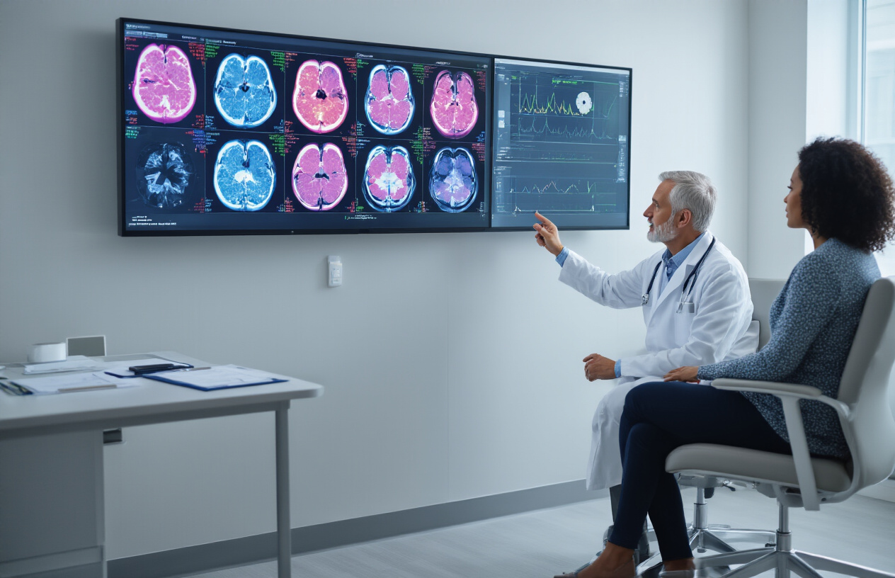 Create a realistic image of a modern medical consultation room where a white male oncologist in a white coat is pointing to a large wall-mounted monitor displaying colorful PSMA PET-CT scan images showing detailed body cross-sections, while a middle-aged black female patient sits in a chair listening attentively, with medical charts and treatment planning documents visible on a nearby desk, bright clinical lighting illuminating the professional healthcare setting, conveying a sense of advanced medical technology improving patient care, absolutely NO text should be in the scene.