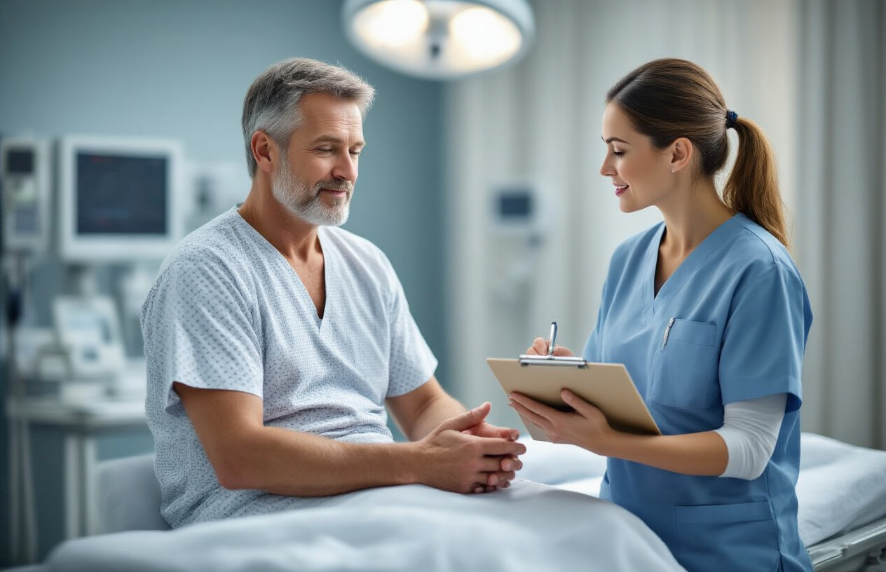 Create a realistic image of a middle-aged white male patient in a hospital gown sitting on an examination table in a modern medical facility, with a white female healthcare professional in scrubs explaining preparation instructions while holding a clipboard, the scene shows a clean medical room with medical equipment visible in the background, soft clinical lighting creates a calm and professional atmosphere, absolutely NO text should be in the scene.