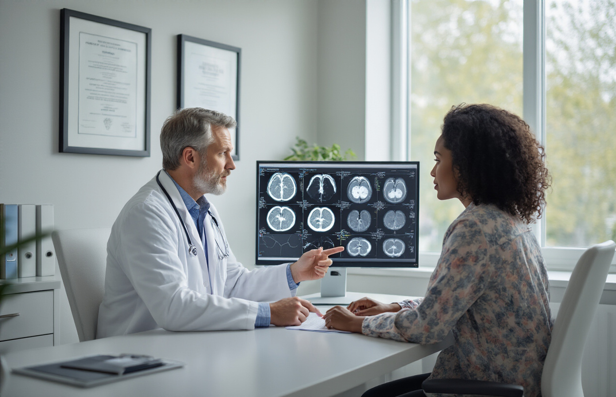 Create a realistic image of a white male oncologist in a white coat sitting across from a diverse patient (black female) at a modern medical consultation desk, with the doctor pointing to medical scan images displayed on a large computer monitor showing cross-sectional body scans, while having a serious but reassuring discussion about treatment options, set in a clean, well-lit medical office with medical diplomas on the wall, natural lighting from windows, conveying a professional and hopeful atmosphere for cancer care planning, absolutely NO text should be in the scene.