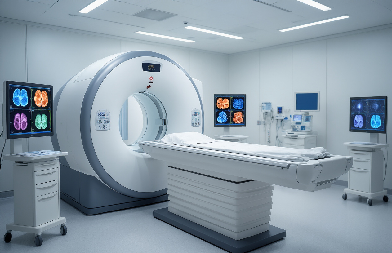Create a realistic image of a modern MRI machine in a clean, sterile hospital room with its large cylindrical scanner prominently displayed, showing the patient bed extended outward, with computer monitors displaying colorful cross-sectional abdominal scan images on nearby workstations, medical equipment and control panels visible in the background, bright clinical lighting illuminating the white and blue medical environment, conveying a professional healthcare technology atmosphere, absolutely NO text should be in the scene.