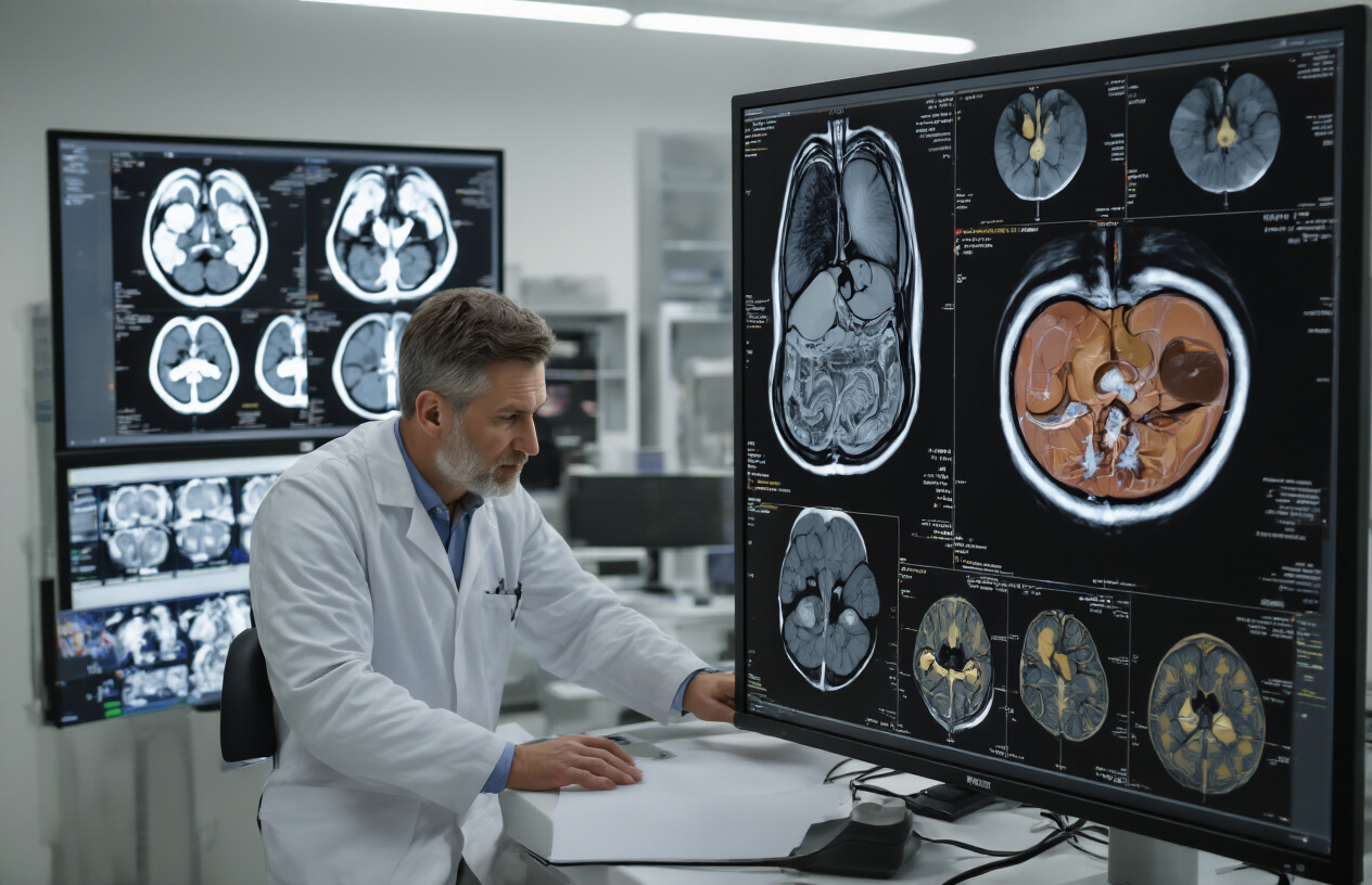 Create a realistic image of a medical consultation scene showing a white male radiologist in a white coat examining MRI scan images displayed on multiple computer monitors, with the screens showing cross-sectional abdominal MRI images revealing various anatomical structures like liver, kidneys, and pancreas, set in a modern radiology department with clean white walls and professional medical equipment in the background, bright clinical lighting illuminating the workspace, absolutely NO text should be in the scene.