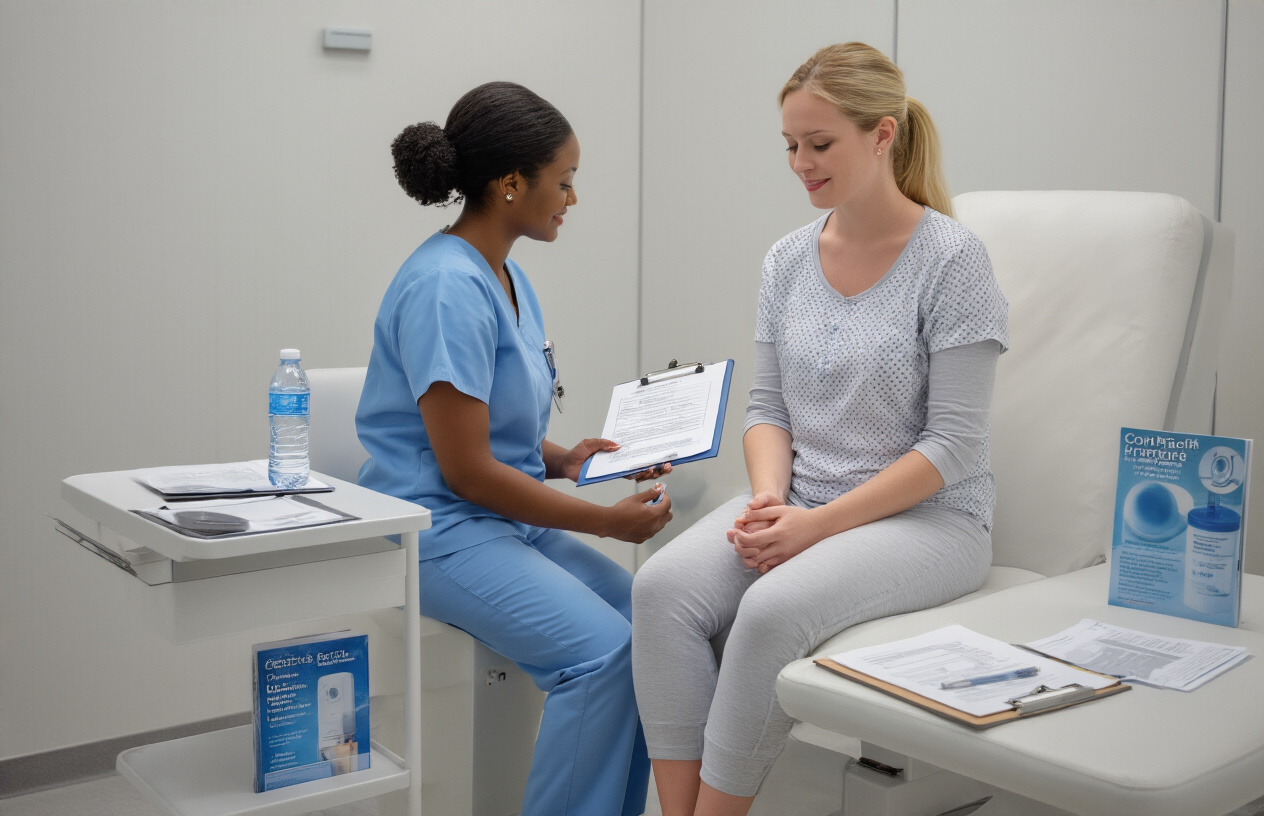 Create a realistic image of a clean, modern medical preparation room with a white female patient in comfortable clothing sitting on an examination chair while a black female healthcare professional in scrubs explains pre-MRI instructions, with medical forms on a clipboard, a water bottle, and informational brochures about contrast procedures on a nearby table, soft clinical lighting illuminating the sterile white and blue medical environment. Absolutely NO text should be in the scene.