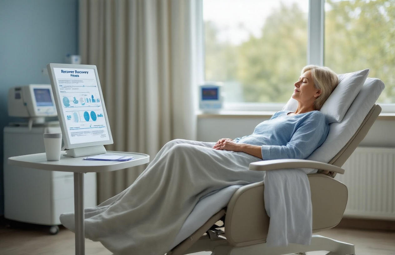 Create a realistic image of a peaceful medical recovery area with a comfortable reclining chair where a middle-aged white female patient is resting after an MRI scan, with a nearby table displaying a timeline chart showing recovery phases, soft natural lighting from a window, calming blue and white color scheme, medical monitoring equipment subtly visible in the background, and a serene healthcare environment that conveys post-procedure care and waiting for results, absolutely NO text should be in the scene.