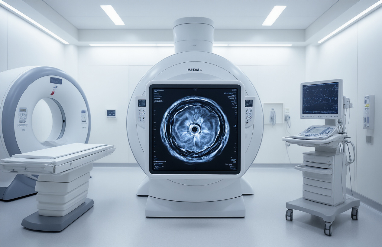 Create a realistic image of a modern medical comparison display showing three different abdominal imaging technologies side by side: an MRI scanner in the center as the main focus, flanked by a CT scanner on one side and an ultrasound machine on the other side, all positioned in a clean, well-lit hospital radiology department with white walls and medical equipment, professional medical environment with soft fluorescent lighting, emphasizing the technological comparison between different imaging modalities, absolutely NO text should be in the scene.