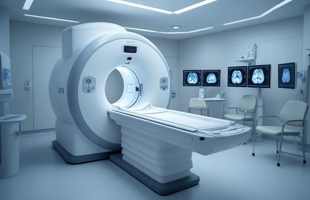 Create a realistic image of a modern medical facility's MRI scanning room featuring a large white MRI machine with its circular opening prominently displayed, medical monitors showing abdominal scan images on screens in the background, a clean sterile environment with white and blue medical equipment, soft professional lighting creating a calm and reassuring atmosphere, medical consultation area with chairs nearby, and subtle medical charts or anatomical diagrams visible on the walls, conveying completion and successful medical diagnosis, absolutely NO text should be in the scene.