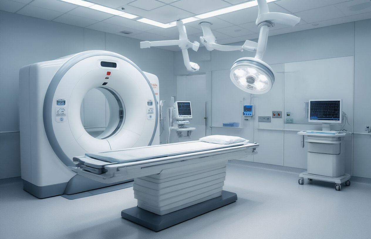 Create a realistic image of a modern medical CT scanner machine in a clean hospital radiology room with a patient bed positioned in front of the large circular scanning opening, medical monitoring equipment and computer workstations visible in the background, bright clinical lighting illuminating the scene, sterile white and blue color scheme typical of medical facilities, absolutely NO text should be in the scene.