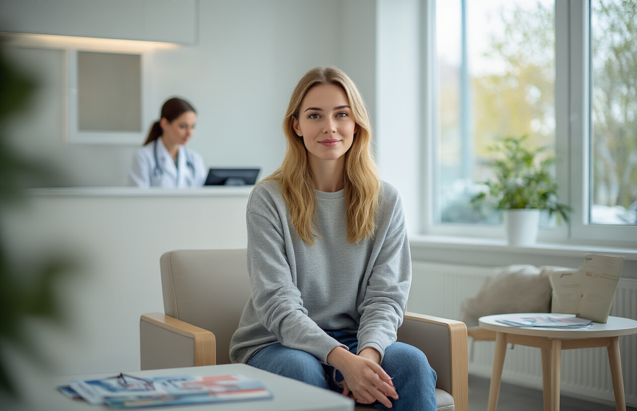 Create a realistic image of a white female patient in casual clothing sitting in a modern medical waiting room, looking calm and prepared, with a medical receptionist desk visible in the background, soft natural lighting from windows, clean hospital environment with comfortable seating and medical brochures on side tables, professional healthcare setting atmosphere, absolutely NO text should be in the scene.
