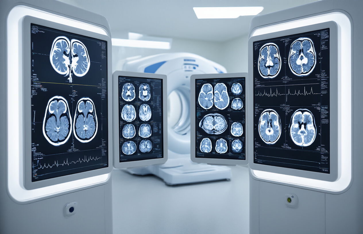 Create a realistic image of a modern medical diagnostic setup showing a CT scan machine in the background with multiple CT scan images of paranasal sinuses displayed on illuminated viewing boxes or computer monitors, featuring cross-sectional brain and sinus cavity scans that clearly show different pathological conditions like sinusitis, polyps, and blockages, with medical imaging equipment and a clean clinical environment with bright white lighting, absolutely NO text should be in the scene.