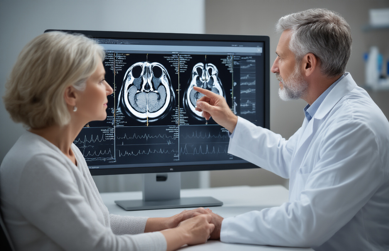 Create a realistic image of a medical consultation scene where a white male radiologist in a white coat is pointing to anatomical details on a CT scan displayed on a large computer monitor, showing cross-sectional images of paranasal sinuses with the patient, a middle-aged white female, sitting nearby listening attentively, set in a modern medical office with clean lighting and medical equipment in the background, professional healthcare atmosphere. Absolutely NO text should be in the scene.