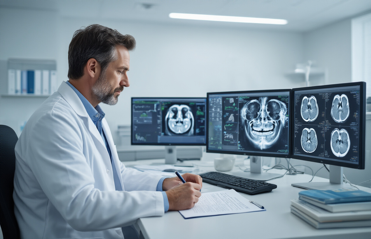 Create a realistic image of a white male doctor in a white coat sitting at a modern medical workstation with multiple computer monitors displaying CT scan images of paranasal sinuses, while he writes notes on a treatment plan document on his desk, with medical reference books and a stethoscope nearby, in a well-lit clinical office setting with soft overhead lighting and a clean, professional medical environment. Absolutely NO text should be in the scene.