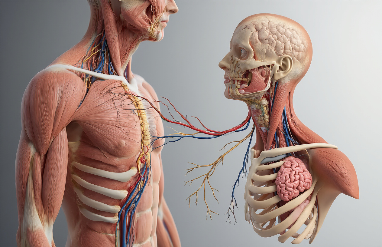 Create a realistic image of a detailed medical anatomical illustration showing the brachial plexus nerve network in the shoulder and neck region, with clearly visible nerve branches extending from the spinal cord through the shoulder area, displayed on a clean white background with soft medical lighting, accompanied by a anatomical model or cross-section showing normal versus affected nerve pathways, presented in a clinical educational setting with professional medical lighting. Absolutely NO text should be in the scene.