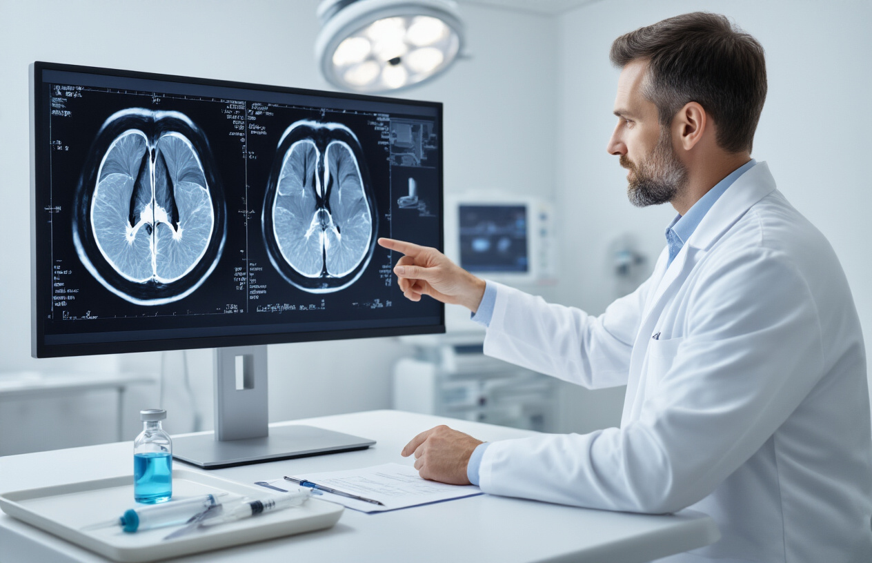 Create a realistic image of a modern medical consultation room where a white male radiologist in a white coat is pointing to an MRI scan displayed on a large monitor showing brachial plexus nerve structures, with a contrast agent injection vial and syringe visible on a nearby medical tray, soft clinical lighting illuminating the scene, professional medical environment with clean white walls and medical equipment in the background, absolutely NO text should be in the scene.