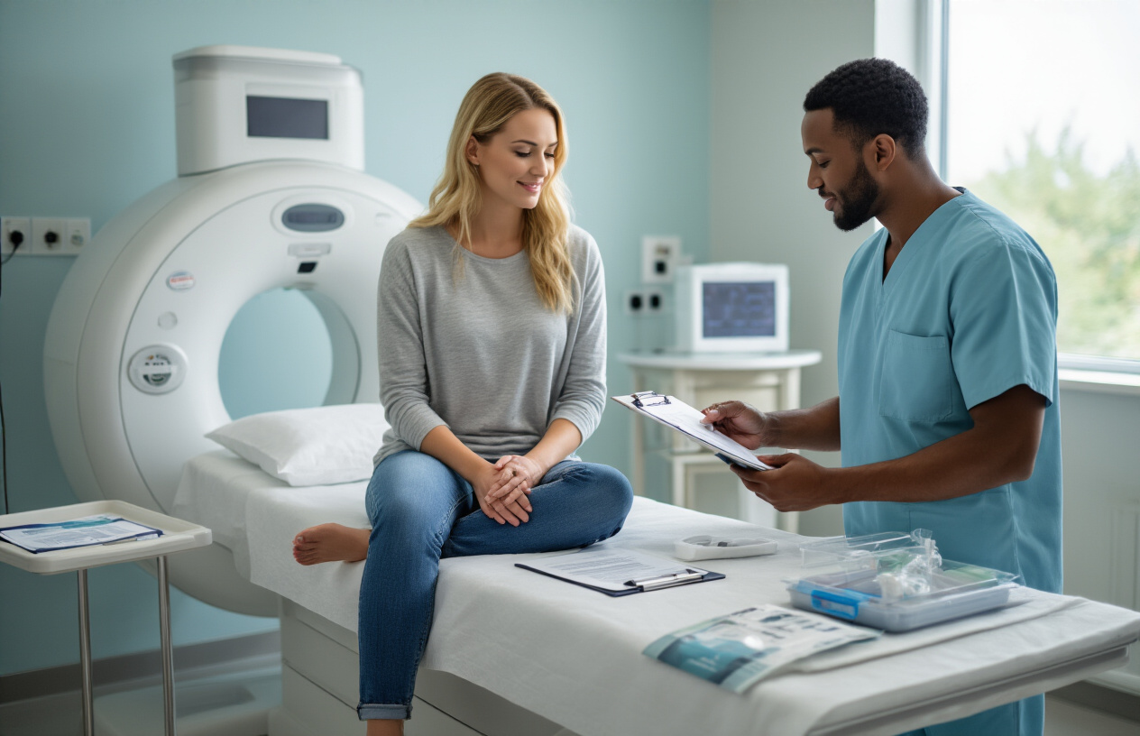 Create a realistic image of a clean, well-lit medical preparation room with a white female patient in casual clothing sitting on an examination table while a black male healthcare technician in scrubs explains procedure instructions, with medical forms on a clipboard nearby, IV contrast preparation materials on a sterile tray, and an MRI information pamphlet visible on a side table, all set against a calm hospital environment with soft natural lighting from a window, conveying a professional and reassuring atmosphere, absolutely NO text should be in the scene.