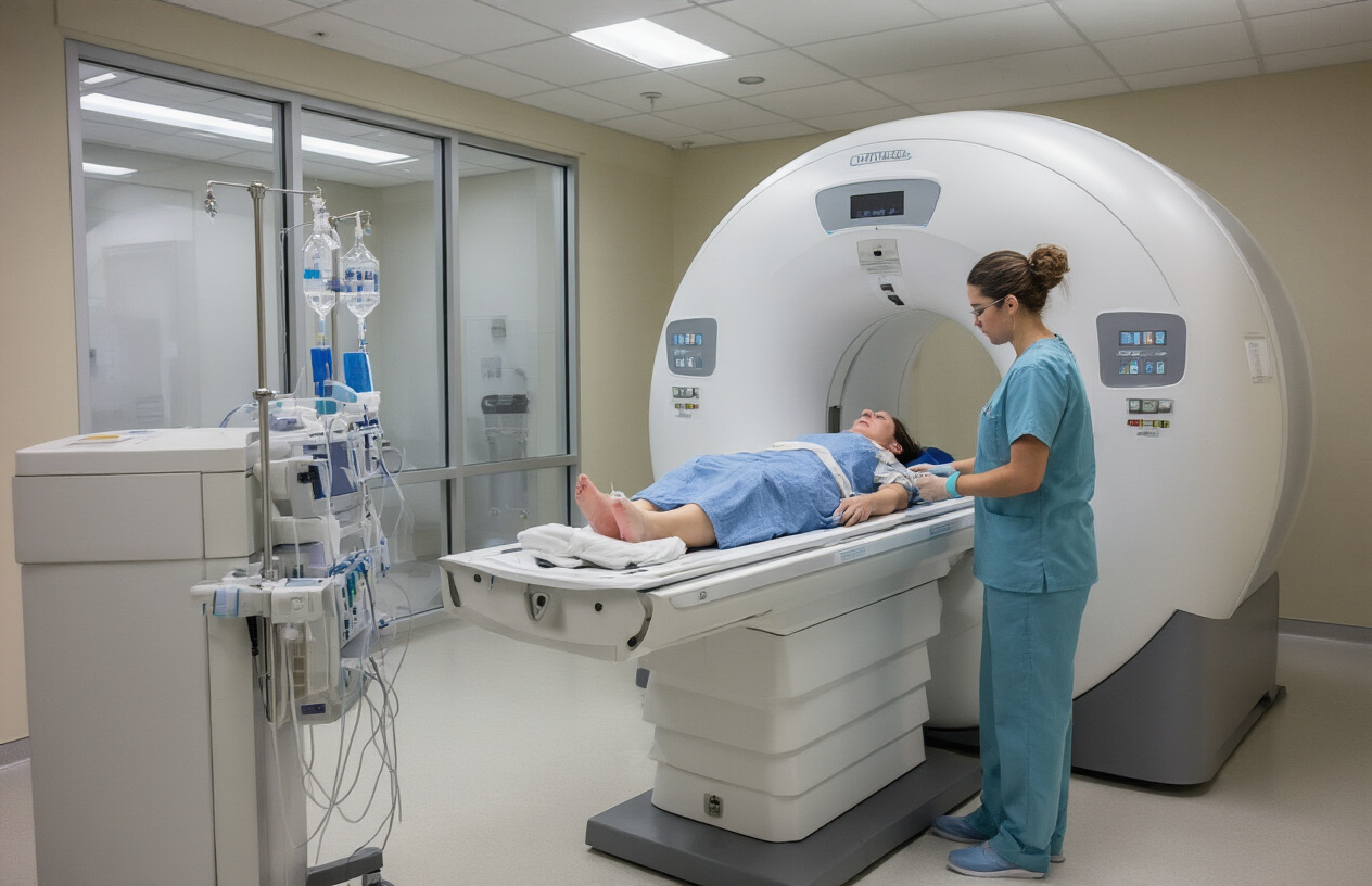 Create a realistic image of a modern MRI machine in a clean medical facility with a patient lying on the scanning table, showing a healthcare technician in scrubs preparing contrast injection equipment including IV lines and contrast agent vials, with the MRI control room visible in the background through glass windows, professional medical lighting, sterile hospital environment, focusing on the step-by-step preparation process for a contrast-enhanced MRI scan, absolutely NO text should be in the scene.