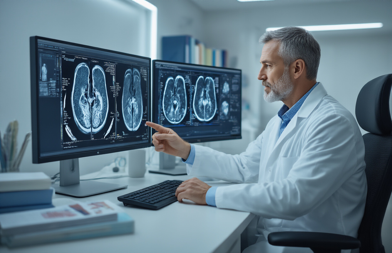 Create a realistic image of a white male radiologist in a white coat sitting at a modern medical workstation with dual computer monitors displaying detailed MRI scans of the brachial plexus nerve network, with the doctor pointing at specific areas on the scan images while reviewing results, set in a clean, well-lit medical office with medical reference books and anatomical charts visible in the background, professional medical environment with soft fluorescent lighting. Absolutely NO text should be in the scene.
