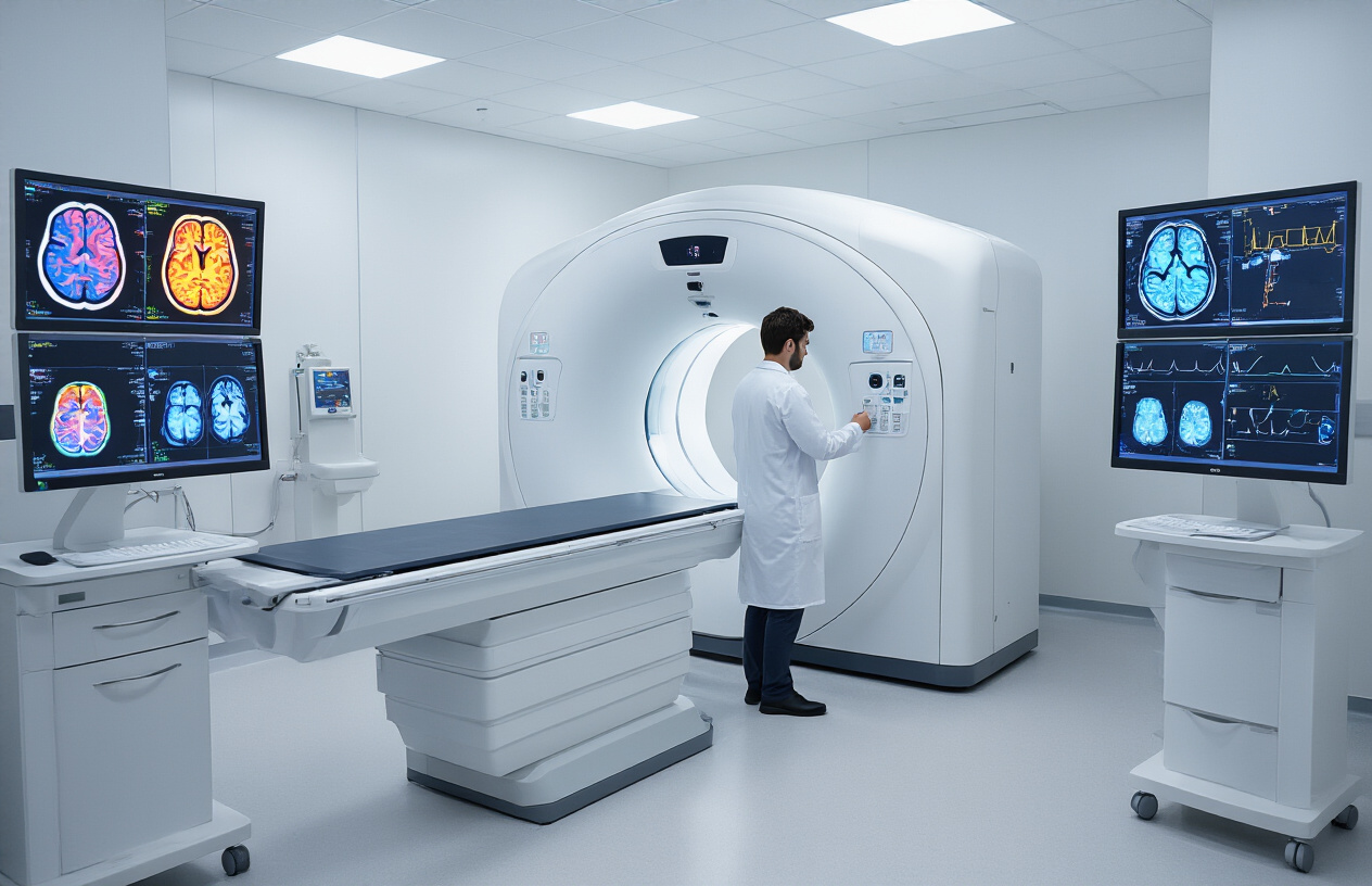 Create a realistic image of a modern medical imaging facility showing a white PET CT scanner machine in a clean, sterile examination room with advanced digital monitors displaying colorful brain and body scan images, medical equipment panels with glowing indicators, a white male radiologist in a white lab coat analyzing scan results on a computer workstation, bright clinical lighting illuminating the high-tech medical environment with white walls and medical grade flooring, conveying a professional healthcare atmosphere focused on advanced diagnostic imaging technology, absolutely NO text should be in the scene.