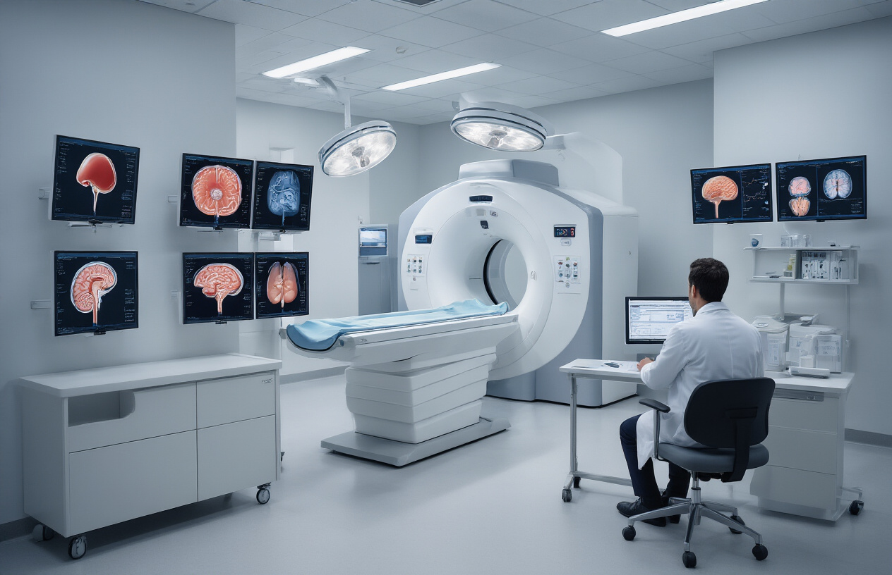 Create a realistic image of a modern hospital radiology department showing a PET CT scanner machine in the background with multiple medical condition illustrations displayed on wall-mounted monitors, including anatomical diagrams of prostate cancer, liver tumors, and brain lesions, with a clean white medical environment, professional lighting, and medical equipment arranged neatly, featuring a white male radiologist in a white coat reviewing scan results on a computer workstation, absolutely NO text should be in the scene.