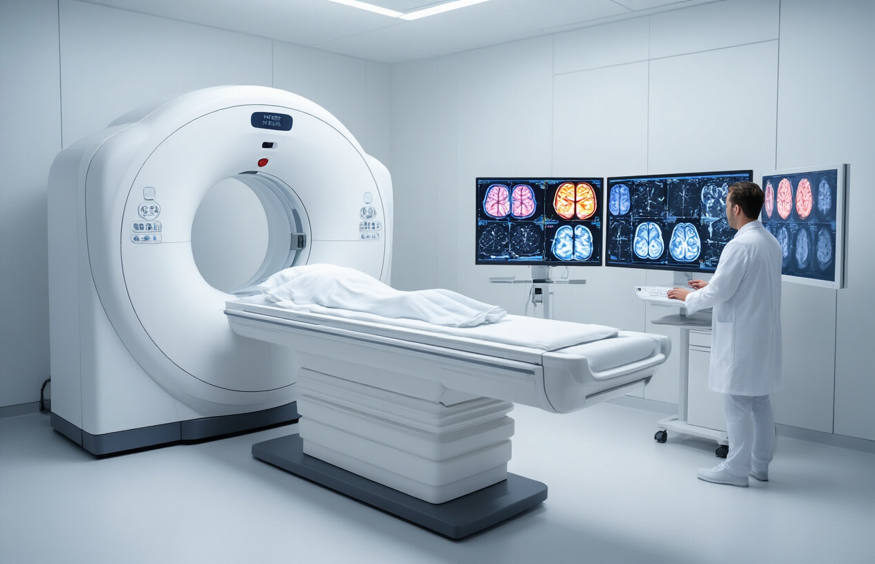 Create a realistic image of a modern medical imaging room featuring a sleek white PET CT scanner machine with a patient bed, advanced computer monitors displaying colorful brain scan images, a white male radiologist in a white lab coat examining the scans, bright clinical lighting with clean white walls, conveying a professional healthcare environment that emphasizes cutting-edge medical technology and diagnostic precision, absolutely NO text should be in the scene.