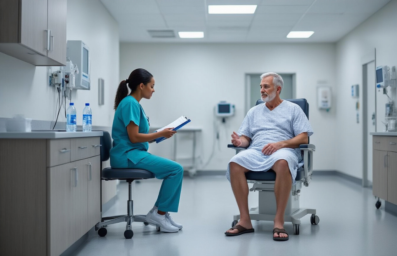 Create a realistic image of a modern hospital preparation room with a white male patient in his 50s wearing a hospital gown sitting on an examination chair, while a black female nurse in scrubs is explaining pre-scan instructions, with medical clipboards and water bottles on a nearby counter, clean white walls with medical equipment visible in the background, soft fluorescent lighting creating a calm and professional medical environment, absolutely NO text should be in the scene.