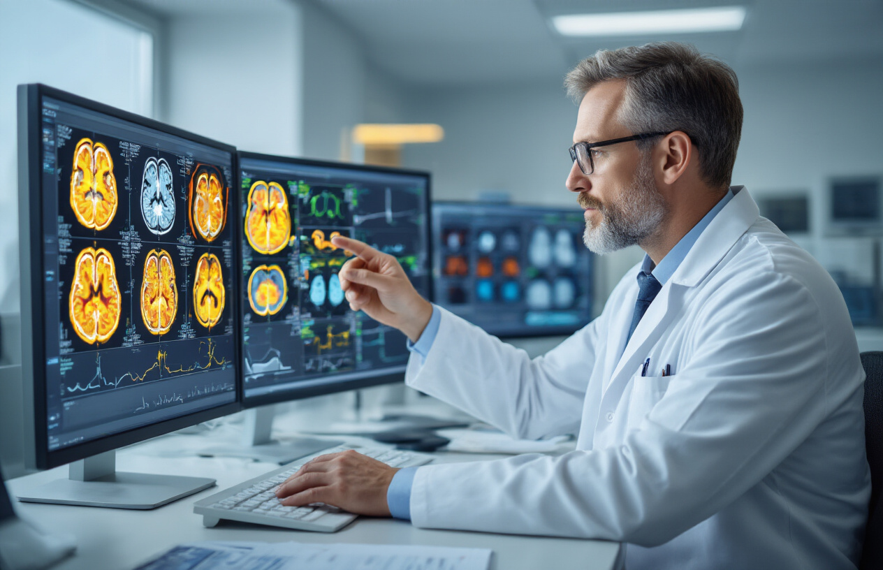 Create a realistic image of a white male radiologist in a white coat sitting at a modern workstation with multiple high-resolution monitors displaying colorful PET CT scan images showing brain and body cross-sections with bright yellow and red uptake areas, the doctor is pointing at specific regions on the screen while reviewing results, modern medical imaging department background with dim ambient lighting focused on the glowing computer screens, professional medical atmosphere with clean equipment and medical charts visible on the desk, Absolutely NO text should be in the scene.