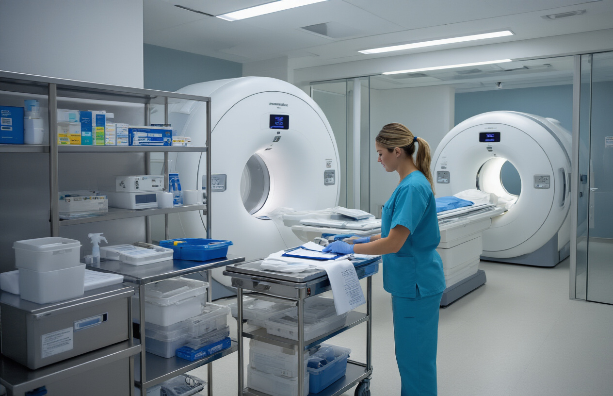 Create a realistic image of a clean, modern MRI preparation room with a white female radiologic technologist in scrubs preparing medical equipment and patient positioning aids on a stainless steel cart, with an MRI machine visible in the background through glass doors, featuring bright clinical lighting, sterile medical environment with white and blue color scheme, organized medical supplies including contrast materials and safety checklists on clipboard, professional healthcare setting atmosphere, Absolutely NO text should be in the scene.