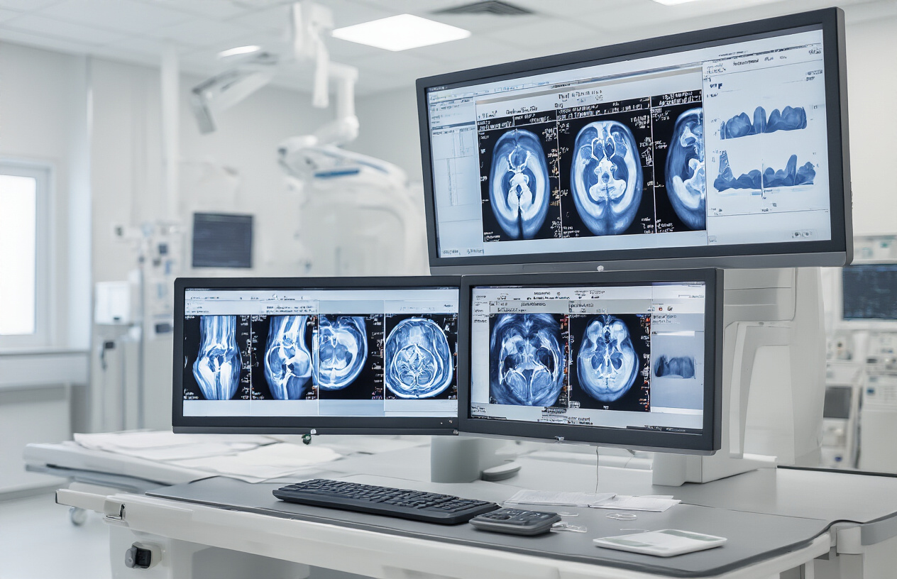 Create a realistic image of a modern medical workstation displaying multiple MRI scan images of hip joints on high-resolution monitors, showing different pulse sequences including T1-weighted, T2-weighted, and STIR sequences with varying contrast and detail of hip bone structures, cartilage, and soft tissues, with a clean hospital radiology department background featuring white walls and medical equipment, professional clinical lighting, and a organized workspace with medical reference materials nearby, Absolutely NO text should be in the scene.