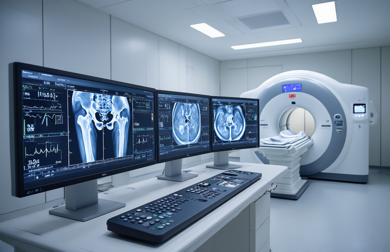 Create a realistic image of a modern MRI control room showing multiple high-resolution computer monitors displaying detailed hip joint scans with various imaging sequences, technical parameter adjustment panels with numerical values and settings controls, a sleek control console with buttons and dials, an MRI machine visible through a glass window in the background, professional medical imaging equipment, clean clinical environment with white and gray color scheme, bright fluorescent lighting, absolutely NO text should be in the scene.