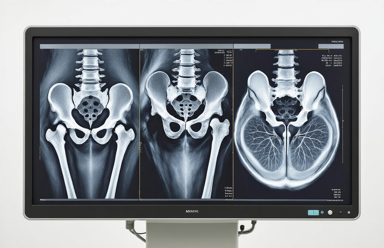 Create a realistic image of multiple MRI cross-sectional views of hip joints displayed on a medical monitor or lightbox, showing coronal, sagittal, and axial imaging planes with detailed bone and soft tissue structures of the pelvis and femur, set in a clean modern radiology department with professional medical lighting, featuring high-contrast black and white MRI scans that clearly show the hip joint anatomy from different strategic angles. Absolutely NO text should be in the scene.
