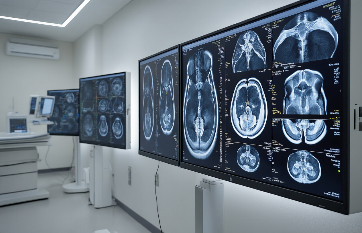 Create a realistic image of a modern medical imaging facility showing multiple MRI scan cross-sections of hip joints displayed on high-resolution monitors, with each monitor showing different specialized MRI sequences highlighting various hip pathologies such as labral tears, cartilage damage, and bone abnormalities, the monitors are mounted on a clean white wall in a professional radiology reading room, soft clinical lighting illuminates the workspace with medical equipment visible in the background, the scene conveys advanced diagnostic imaging technology focused on hip joint analysis, absolutely NO text should be in the scene.