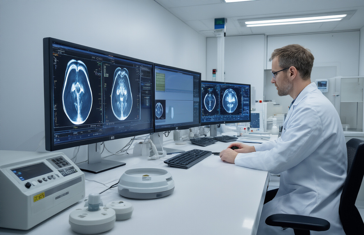 Create a realistic image of a modern medical quality control room with multiple computer monitors displaying MRI hip joint scans and measurement data, a white male radiologist in a lab coat reviewing scan quality parameters on a workstation, calibration equipment and testing phantoms on a clean white counter, sterile medical environment with bright fluorescent lighting, professional healthcare setting focused on precision and accuracy. Absolutely NO text should be in the scene.