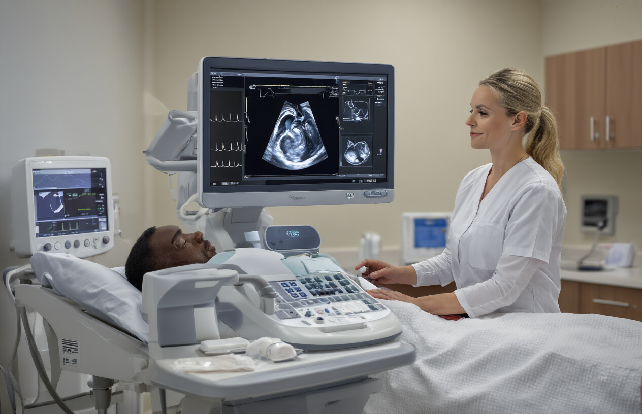 Create a realistic image of a modern echocardiography machine with its monitor displaying a clear heart ultrasound scan, positioned in a clean medical examination room with a white female technician in scrubs operating the equipment while a black male patient lies on an examination table, soft clinical lighting illuminating the scene, medical charts and ultrasound gel visible on nearby surfaces, professional healthcare environment with neutral colors and sterile atmosphere, absolutely NO text should be in the scene.