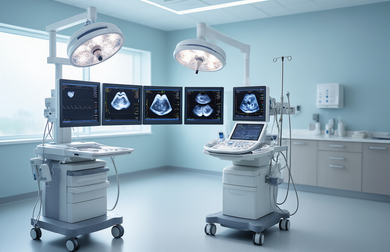 Create a realistic image of a modern cardiology examination room showing multiple echocardiogram monitors displaying different types of heart ultrasound images including 2D, 3D, and Doppler views, with an ultrasound machine equipped with various transducer probes on a mobile cart, clean white medical equipment against a soft blue-gray clinical background, professional medical lighting creating a calm and sterile atmosphere, absolutely NO text should be in the scene.