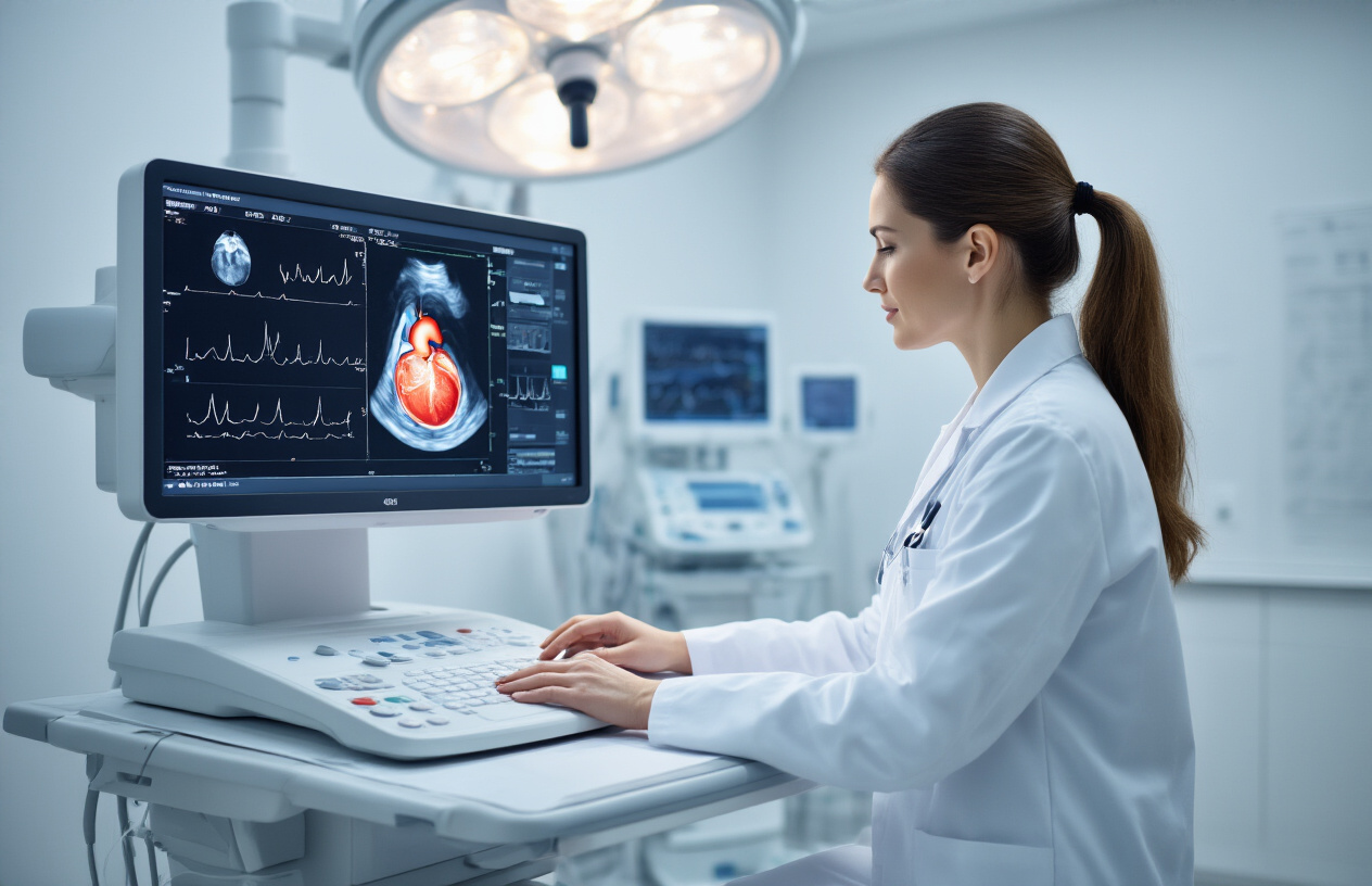 Create a realistic image of a modern medical examination room with an echocardiography machine displaying heart ultrasound images on its monitor screen, showing detailed cardiac chambers and blood flow patterns, with a white female cardiologist in a white coat analyzing the echo results, medical equipment and monitoring devices in the background, professional clinical lighting, sterile hospital environment with clean white walls, focused and diagnostic atmosphere. Absolutely NO text should be in the scene.