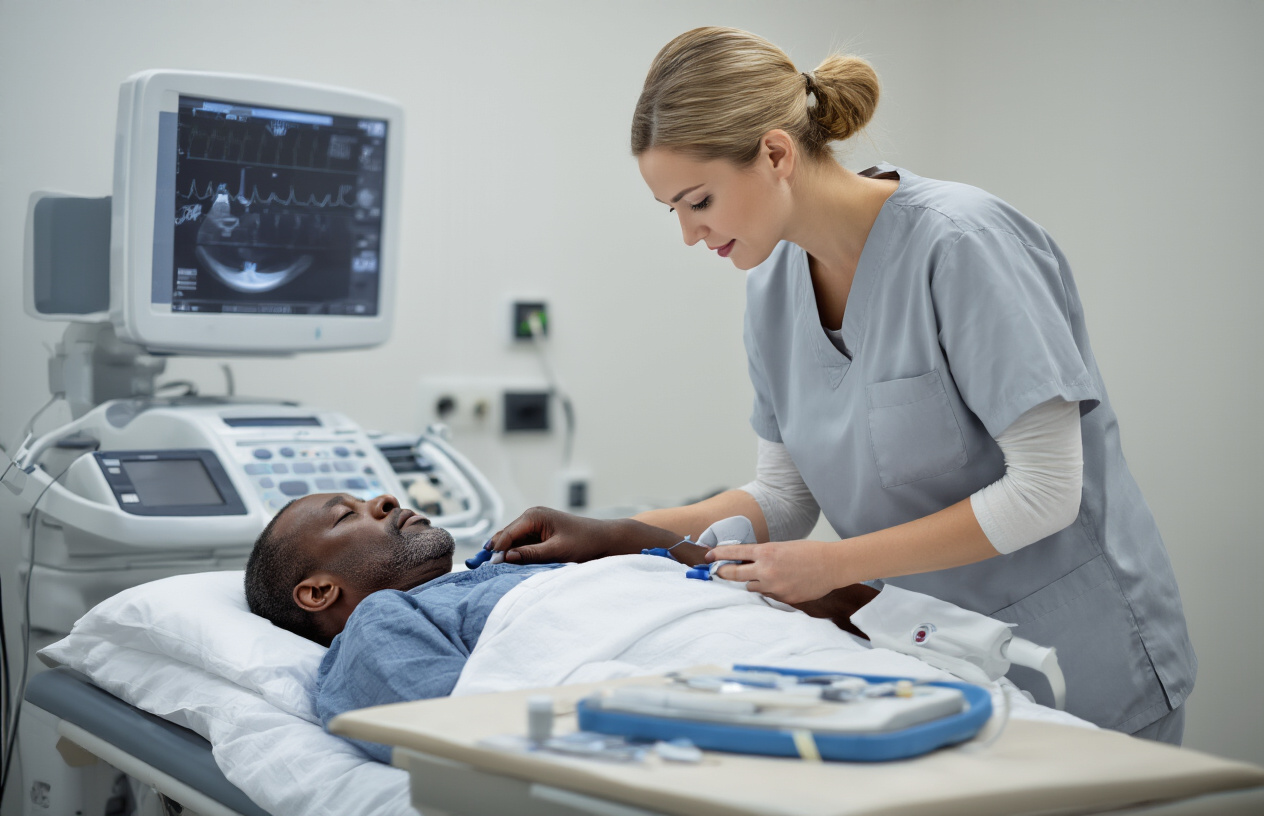 Create a realistic image of a white female healthcare technician in scrubs preparing a middle-aged black male patient for an echocardiogram examination in a modern medical room, with the patient lying on an examination table while the technician organizes ultrasound equipment and electrodes nearby, featuring clean medical environment with echocardiogram machine visible in background, soft clinical lighting, and professional healthcare setting atmosphere. Absolutely NO text should be in the scene.