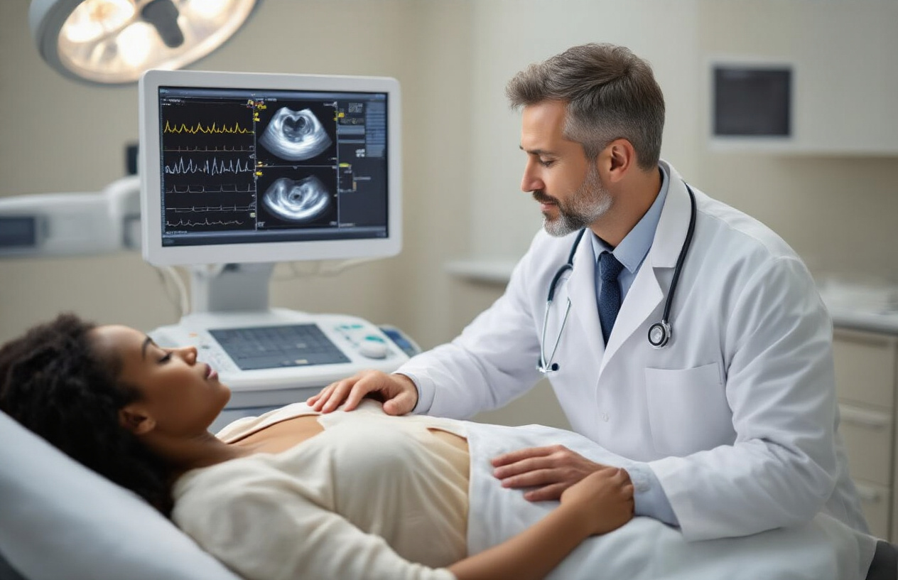 Create a realistic image of a white male cardiologist in a white coat examining echocardiogram results on a computer monitor while a black female patient lies on an examination table with ultrasound gel on her chest, with an ultrasound transducer nearby, in a modern medical examination room with soft clinical lighting, medical equipment visible in the background, conveying a professional healthcare consultation atmosphere focused on cardiac diagnosis and patient care, absolutely NO text should be in the scene.