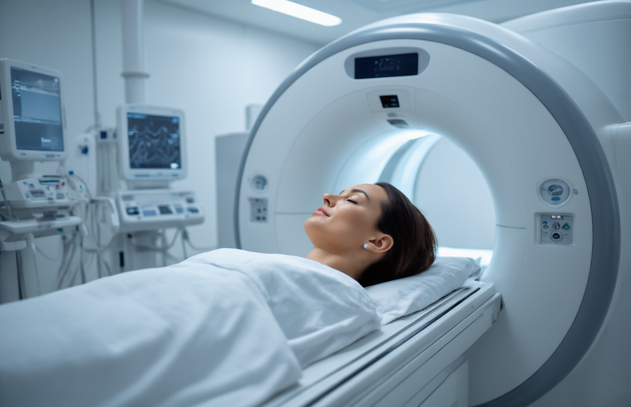 Create a realistic image of a modern MRI machine in a clean medical facility with a patient lying on the scanning table, showing a close-up view of the head and neck area positioned for imaging, with medical monitoring equipment and contrast injection setup visible nearby, sterile white and blue medical environment with soft clinical lighting, emphasizing the advanced technology used for facial and cervical spine imaging procedures, absolutely NO text should be in the scene.