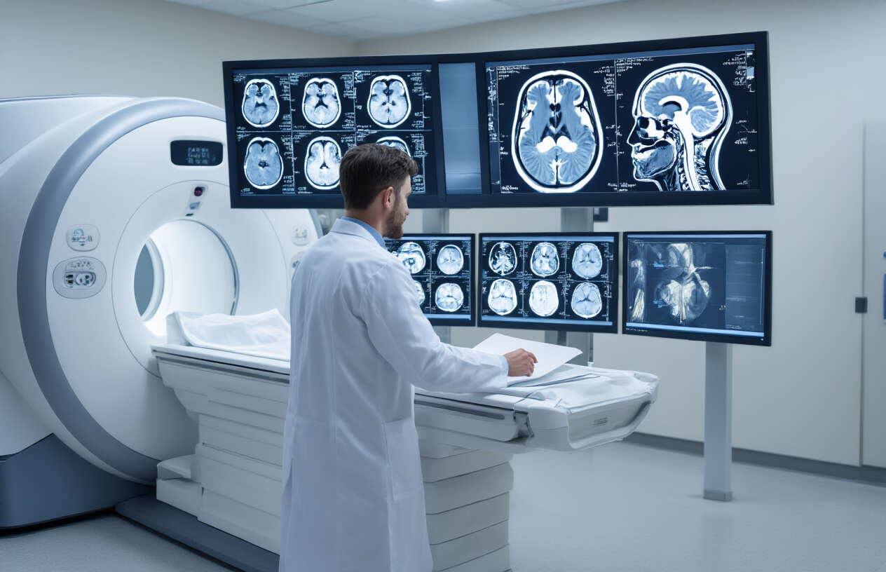 Create a realistic image of a modern medical diagnostic scene showing an MRI machine in a clean hospital radiology department with MRI brain and neck scan images displayed on multiple computer monitors, featuring detailed cross-sectional views of facial and cervical anatomy with contrast enhancement visible as bright areas, while a white male radiologist in a white coat examines the scans, with soft clinical lighting and a professional healthcare environment backdrop, absolutely NO text should be in the scene.