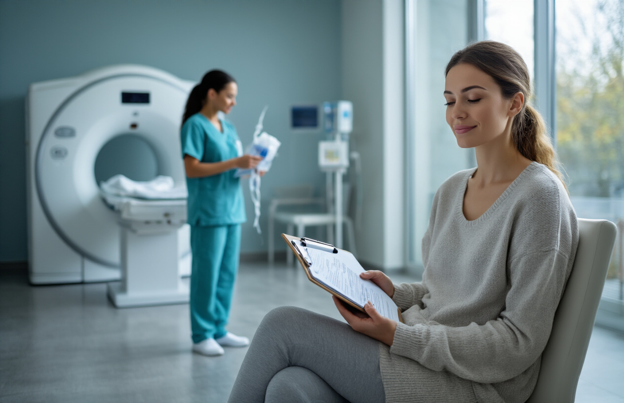 Create a realistic image of a white female patient in comfortable clothing sitting in a modern medical waiting room, with a clipboard and forms in her hands, looking calm and prepared, while a black female medical technician in scrubs stands nearby holding an IV contrast preparation kit, with an MRI machine visible through glass doors in the background, soft natural lighting from windows creating a reassuring healthcare environment, absolutely NO text should be in the scene.