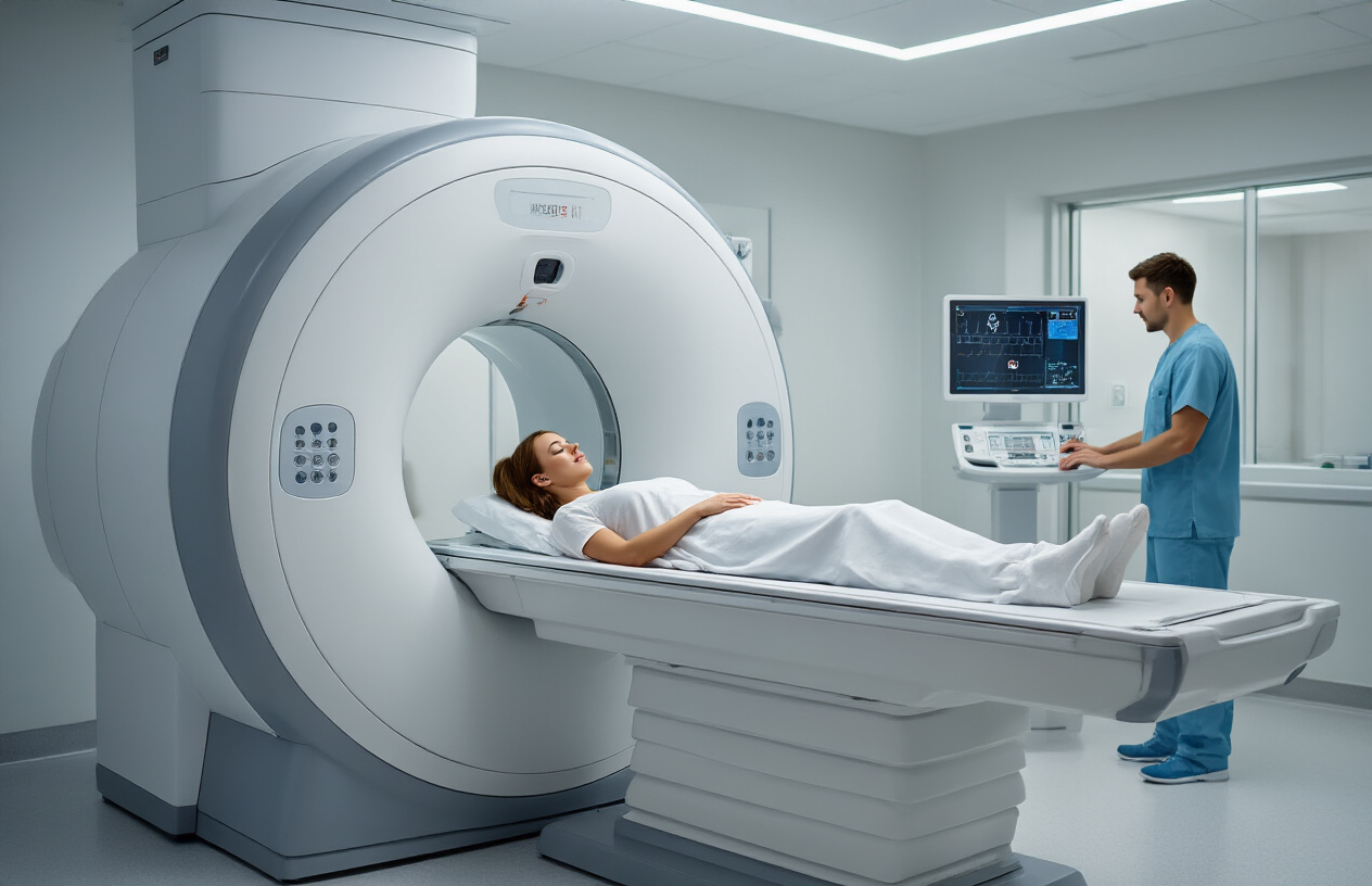 Create a realistic image of a modern MRI machine in a clean medical facility with a white female patient lying on the sliding table positioned halfway into the cylindrical scanner, a white male MRI technologist in scrubs operating the control panel from an adjacent room visible through a glass window, soft clinical lighting illuminating the white and blue medical equipment, calm and professional healthcare environment with medical monitors displaying scan information, absolutely NO text should be in the scene.