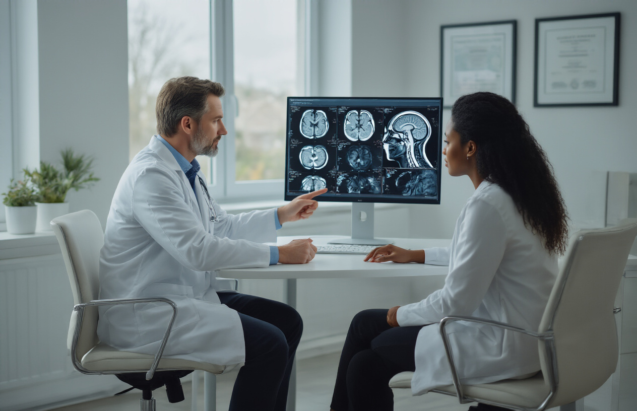 Create a realistic image of a white male doctor in a white coat sitting at a modern desk with a computer monitor displaying brain and neck MRI scan images, pointing at the screen while explaining results to a black female patient sitting across from him in a clean, well-lit medical office with medical diplomas on the wall and natural lighting from a window, conveying a professional consultation atmosphere. Absolutely NO text should be in the scene.