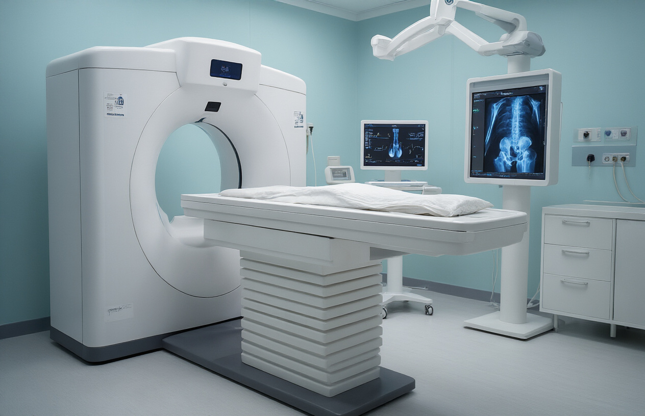 Create a realistic image of a modern DEXA bone density scanning machine in a clean medical examination room, with the machine's imaging table positioned to scan the hip and femur area, featuring the characteristic C-arm scanner positioned over where a patient's legs would be during a dual femur scan, medical monitoring screens displaying bone density scan interface, sterile white and light blue medical room environment with professional lighting, medical equipment and controls visible, absolutely NO text should be in the scene.