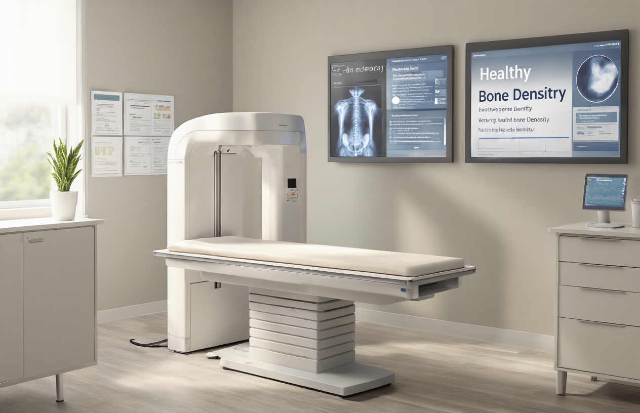 Create a realistic image of a modern medical examination room featuring a DEXA scanning machine with its patient table positioned for femur bone density measurement, medical charts or infographics on the wall showing healthy bone density results and benefits, a clean clinical environment with soft professional lighting, medical equipment visible in the background, and a calm, reassuring healthcare atmosphere that emphasizes the positive outcomes and advantages of dual femur bone densitometry testing, absolutely NO text should be in the scene.