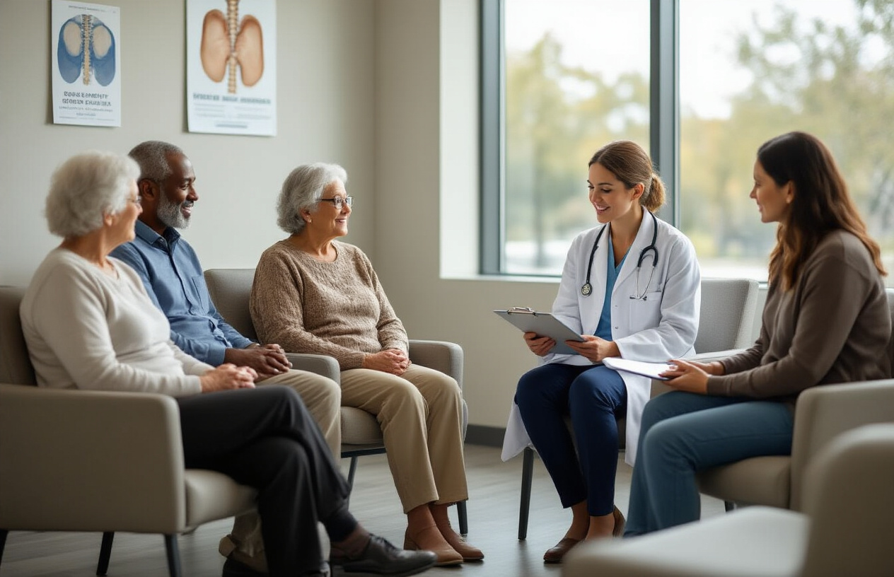 Create a realistic image of a diverse group of people in a medical consultation setting, including a white elderly female patient, a black middle-aged male, an Asian elderly female, and a Hispanic middle-aged female, all sitting in comfortable chairs in a modern healthcare facility waiting area, with a professional white female doctor in a white coat holding a clipboard and speaking with them about bone health screening, bright natural lighting from large windows, clean medical office environment with bone density awareness posters on walls, calm and professional atmosphere, absolutely NO text should be in the scene.