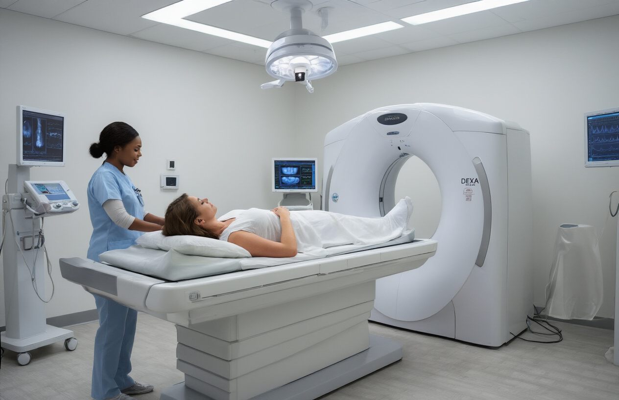 Create a realistic image of a modern medical examination room with a DEXA scan machine prominently featured, showing a white female patient lying comfortably on the scanning table while a black female medical technologist operates the equipment from a nearby control station, the room has clean white walls, bright clinical lighting, medical monitoring screens displaying bone density data, and professional medical equipment in the background, conveying a calm and professional healthcare environment. Absolutely NO text should be in the scene.